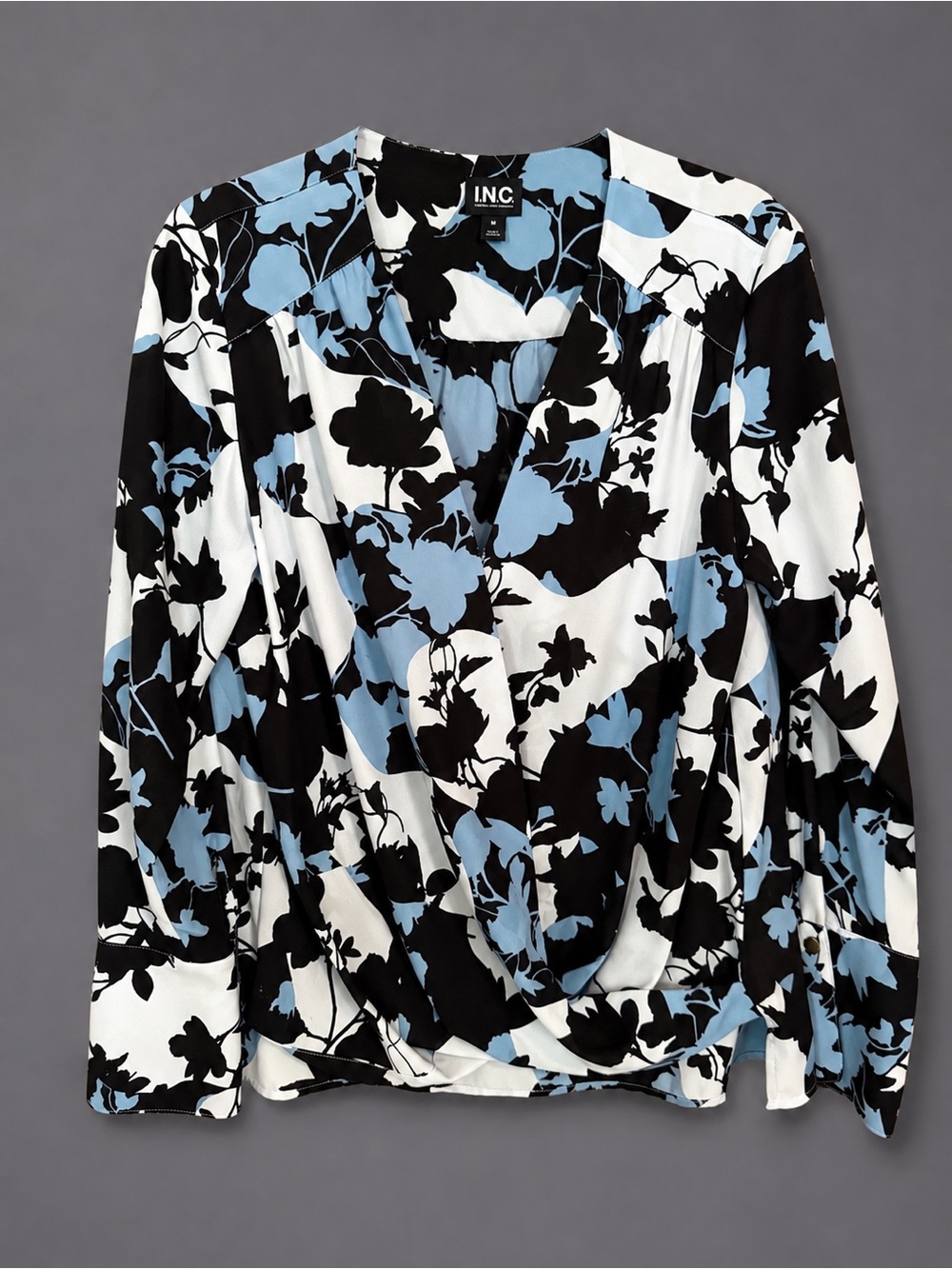 INC International Concepts Women's Black, White & Light Blue Floral Surplice Top
